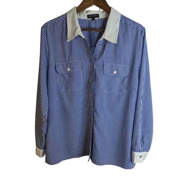 Notations Women's Blue & White Stripe Button Down Blouse Classic Preppy sz XL - Picture 1 of 12